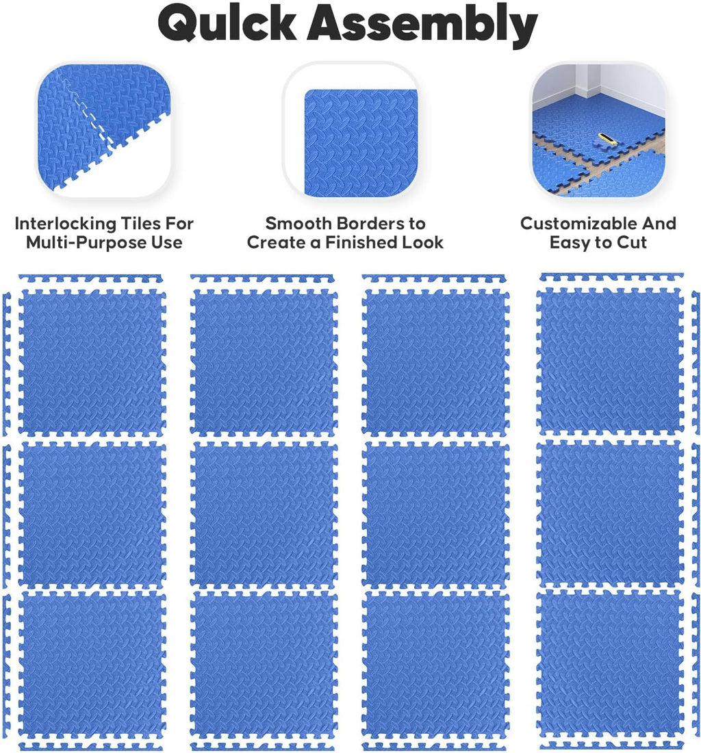 36 Pack Home Gym Mat, Puzzle Exercise Mat, EVA Interlocking Foam Floor Tiles for Home Workout Equipment and Kids' Play Areas -, 24 in x 24 in x ½ in, Blue 36 Tiles