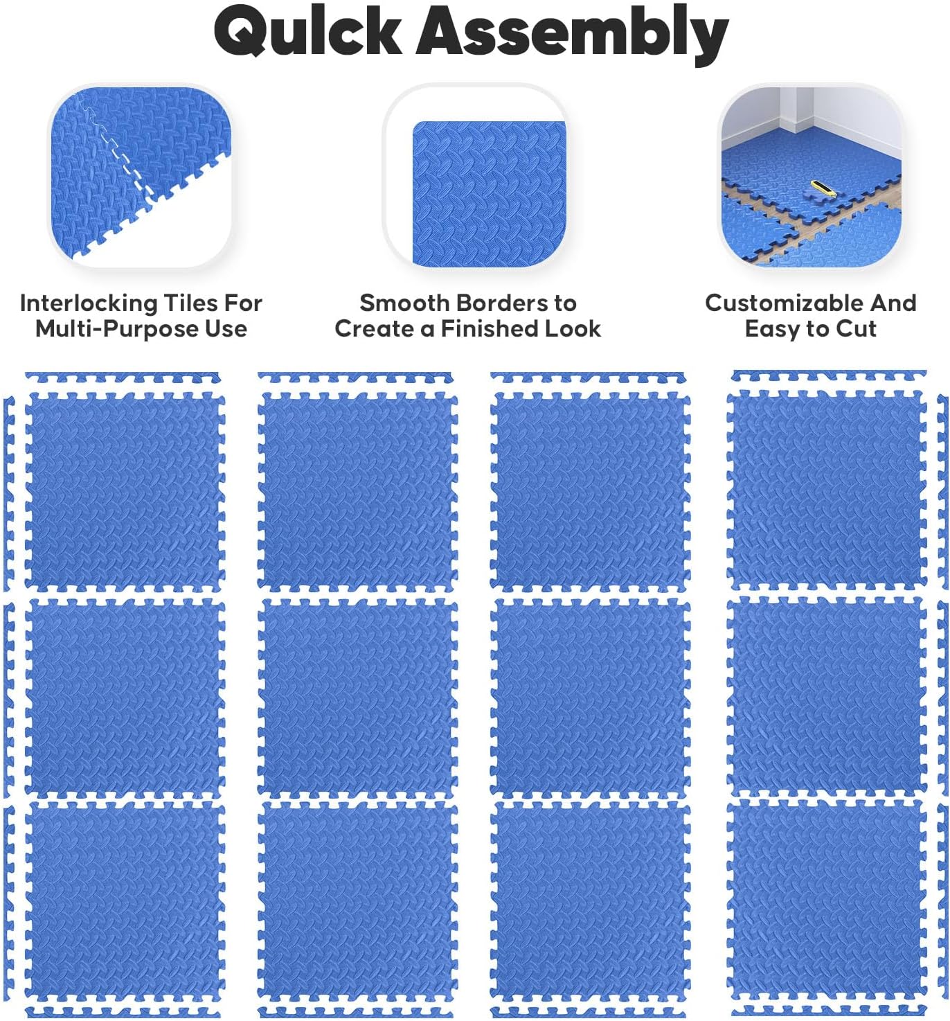 36 Pack Home Gym Mat, Puzzle Exercise Mat, EVA Interlocking Foam Floor Tiles for Home Workout Equipment and Kids' Play Areas -, 24 in x 24 in x ½ in, Blue 36 Tiles