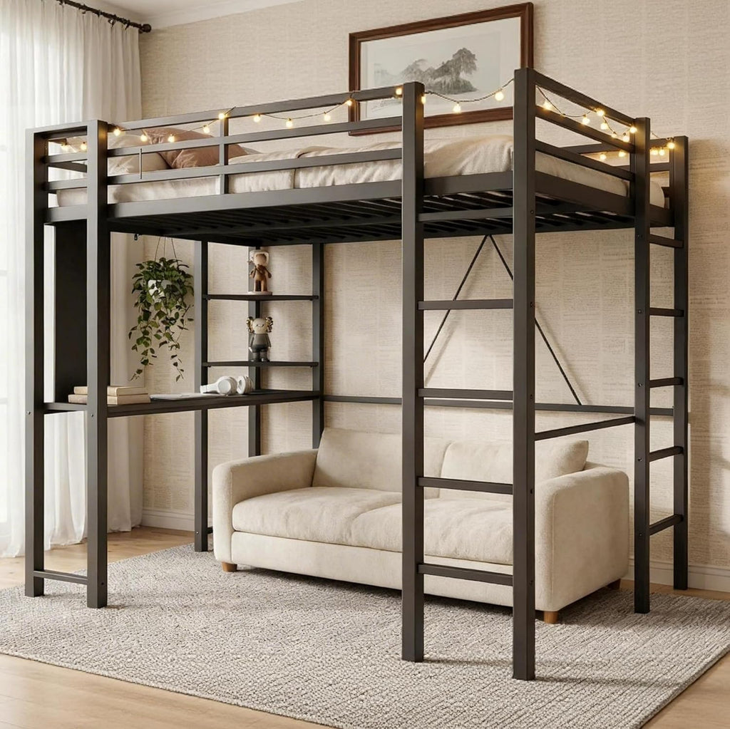 SUNLEI Loft Bed with Desk, Metal Loft Bed Full Size with 2 Built-in Ladders, Space-Saving Bed Frame, with Safety Guard, Noise Free for Small Bedroom, (Full Size) Black