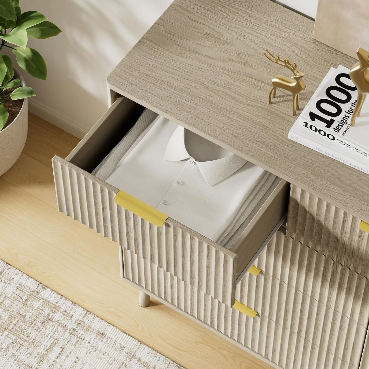 LYNSOM Fluted 9 Drawer Dresser for Bedroom, 55' Wide Modern Chest of Drawers with Curved Profile Design and Metal Handles, Wood Dresser TV Stand & Storage Organizer for Bedroom, Hallway, Beige