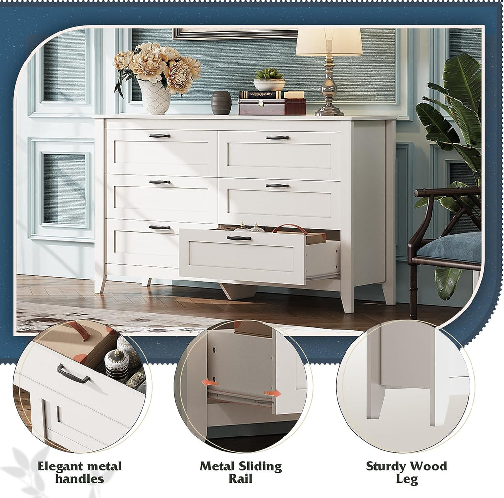 WLIVE White Dresser for Bedroom, 6 Drawer Wood Dresser with Metal Handle, Large Double Wooden Chest of Drawers for Living Room, Hallway, Closet
