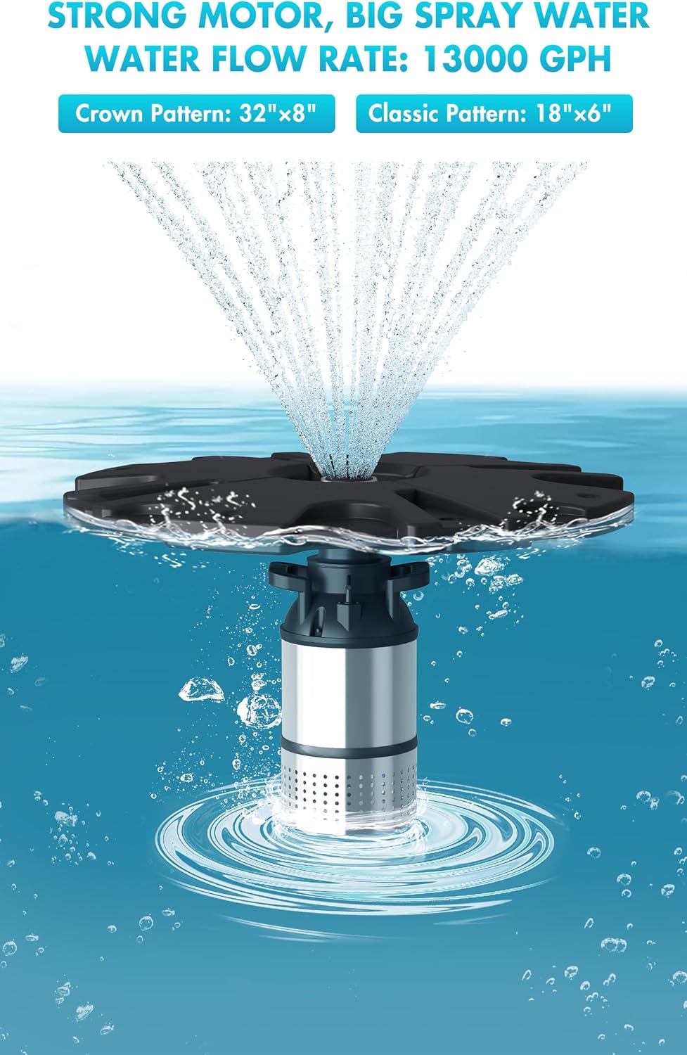FS01 110V, 1 HP, Large Pond Floating Fountain with LED RGB Lights, Oil Free Pump 13000 GPH with 100' Cord, Two Spray Patterns Included