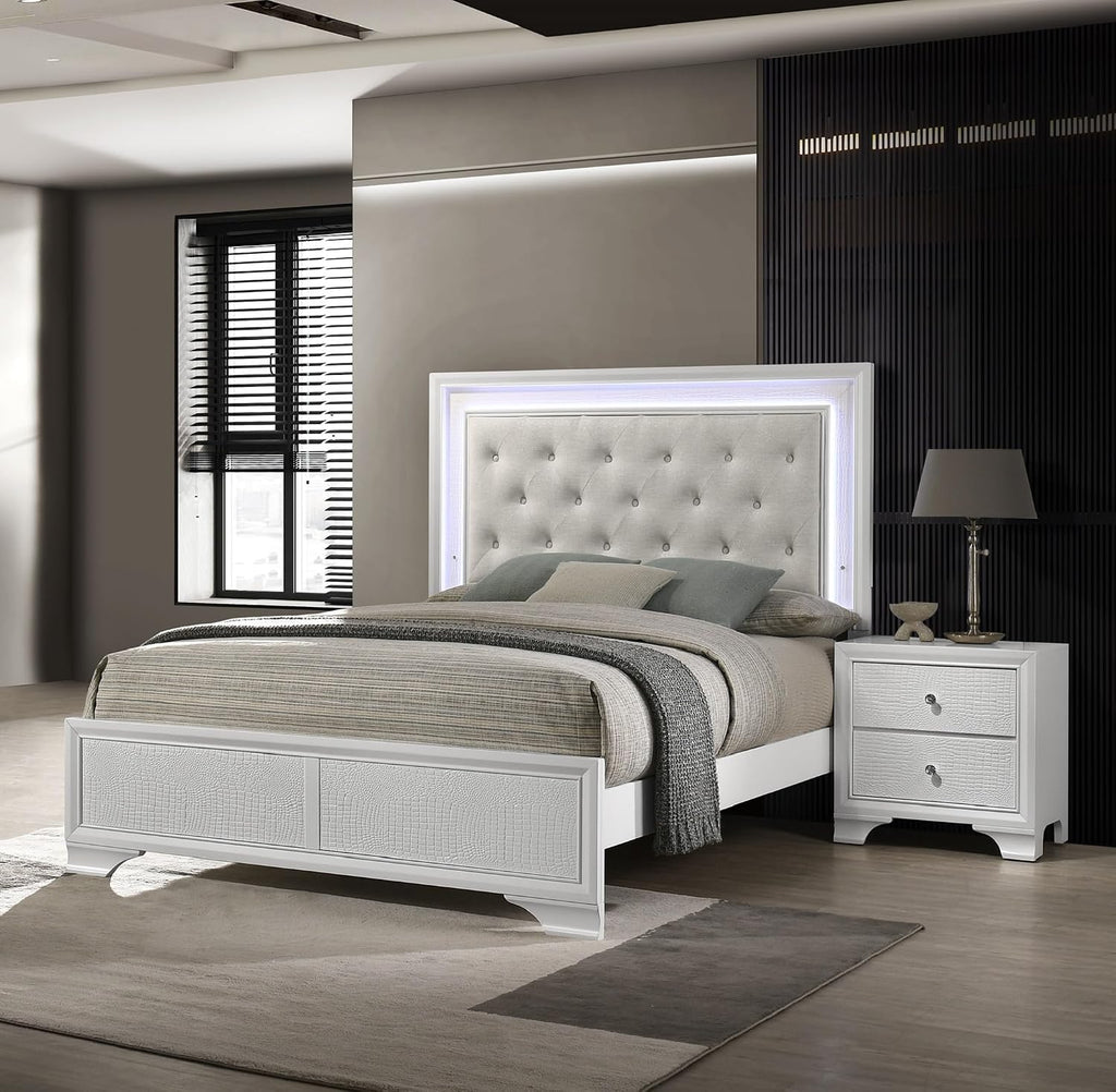Modern Crisp White Textured Finish Tufted Headboard Integrated LED Lighting Full Size Bed Set 3pc Bedroom Furniture