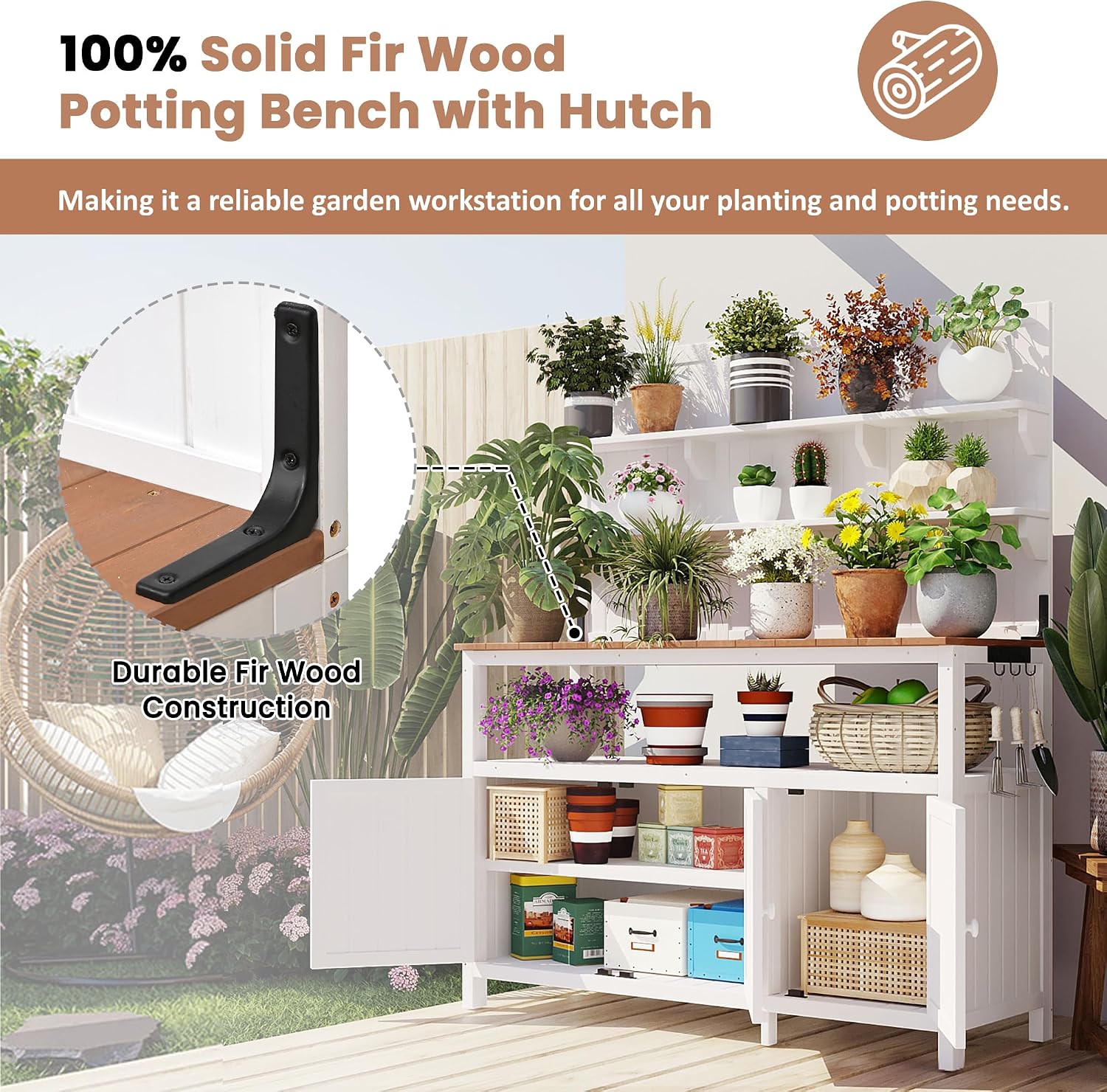 Merax Potting Bench,50.2' W Solid Fir Wood Garden Workstation, Large Countertop, 2 Shelves, 2 Cabinets, 3 Side Hooks, Outdoor Planting Table for Gardening, White