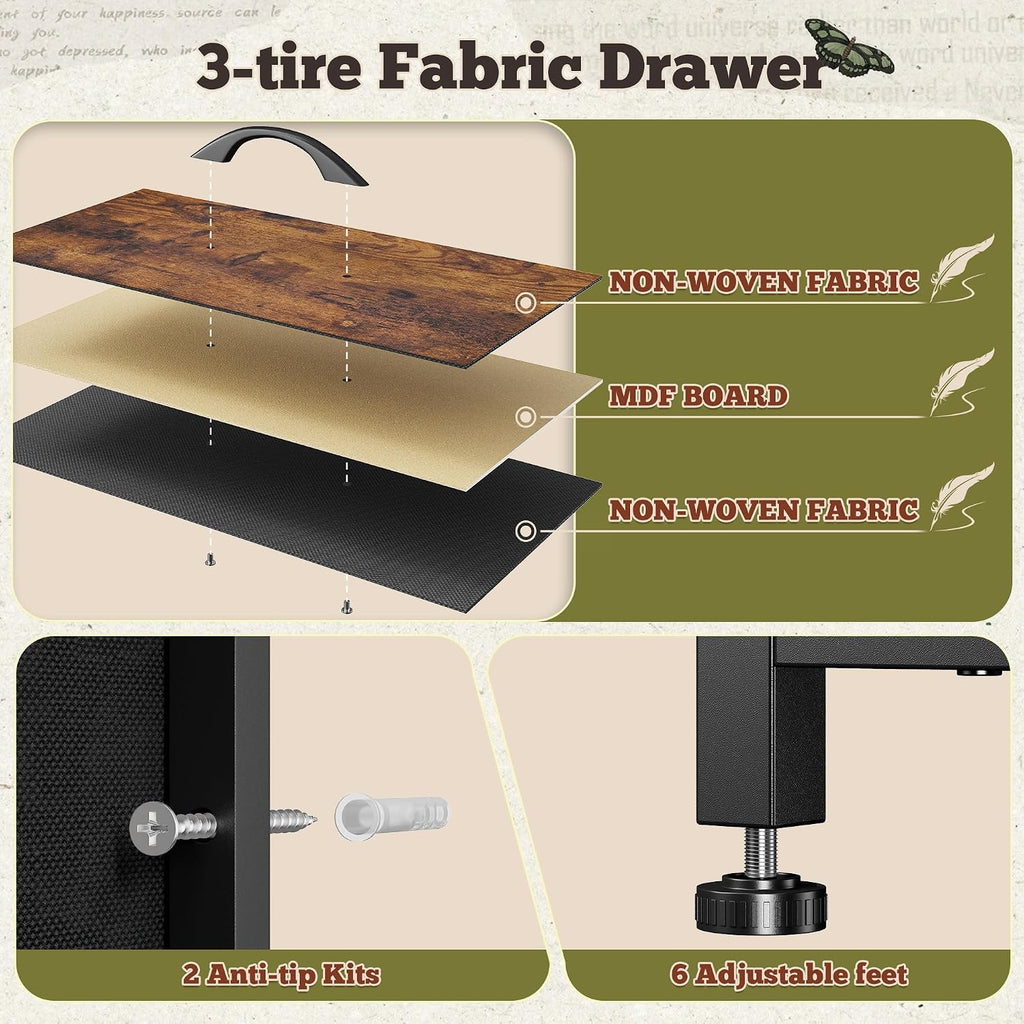 Romorgniz 55' W Dresser for Bedroom with 9 Drawers LED TV Stand with Power Outlets for 45, 55, 65 Inch TV Sturdy Long Chest of Drawers with Extra 2 Wooden Shelves Steel Frame Rustic Brown