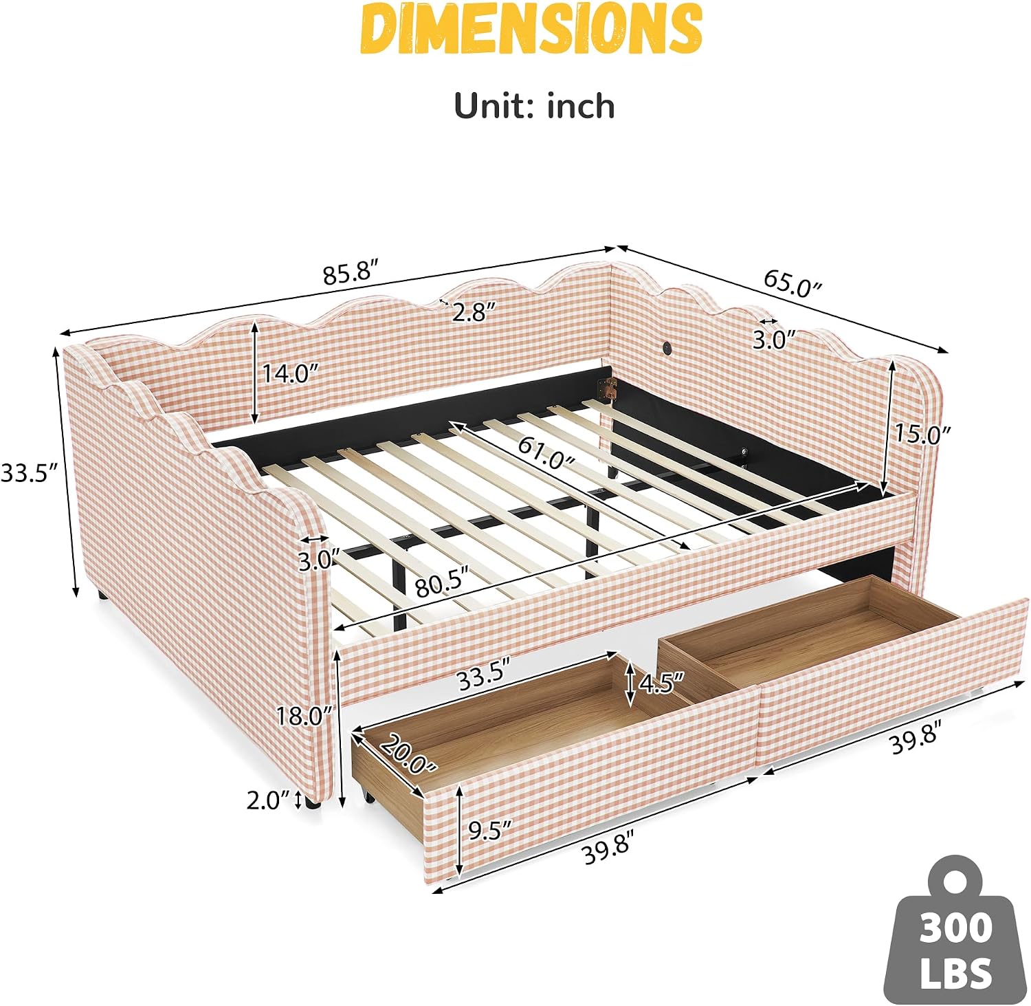 DEINPPA Queen Size Upholstered Daybed with 2 Storage Drawers, Gingham Daybed with USB Ports for Bedroom Living Room Guest Room-Pink