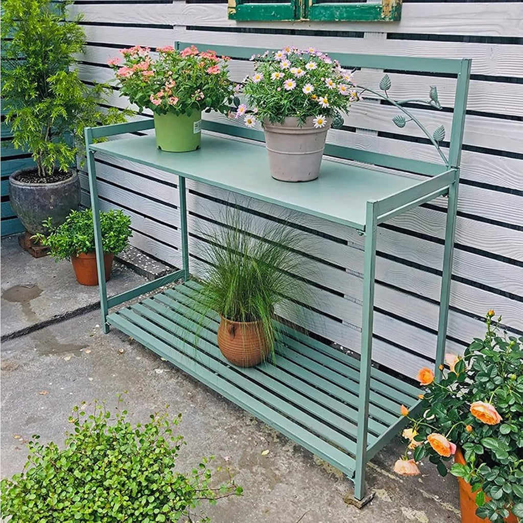 Planting Workstation Table for Outdoor Patio with 2-Tier Open Shelf, Metal Potting Bench for Garden, Potting Table for Planting and Gardening