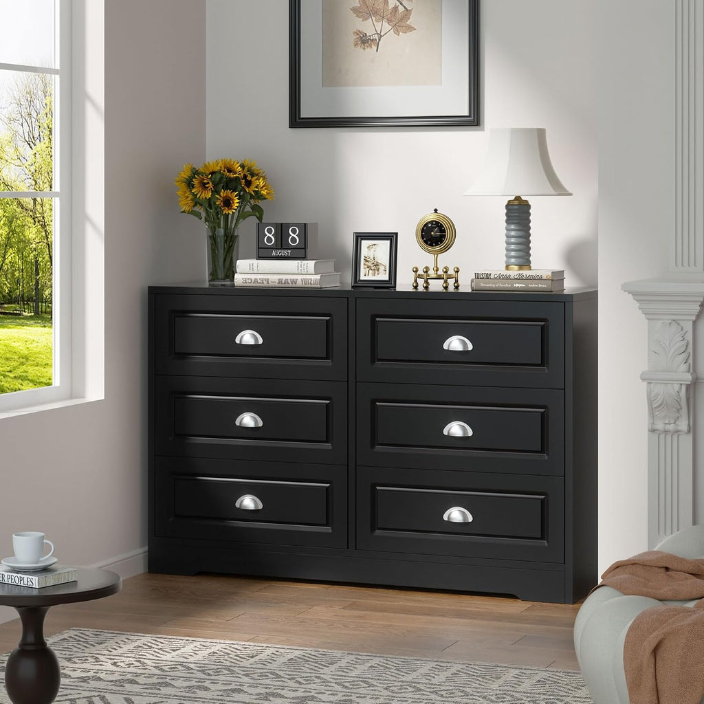 Shintenchi Dresser for Bedroom with 6 Drawers,Double Dresser & Chest of Drawers Wooden Organizer with Metal Handle, Storage TV Stand for Living Room,Black