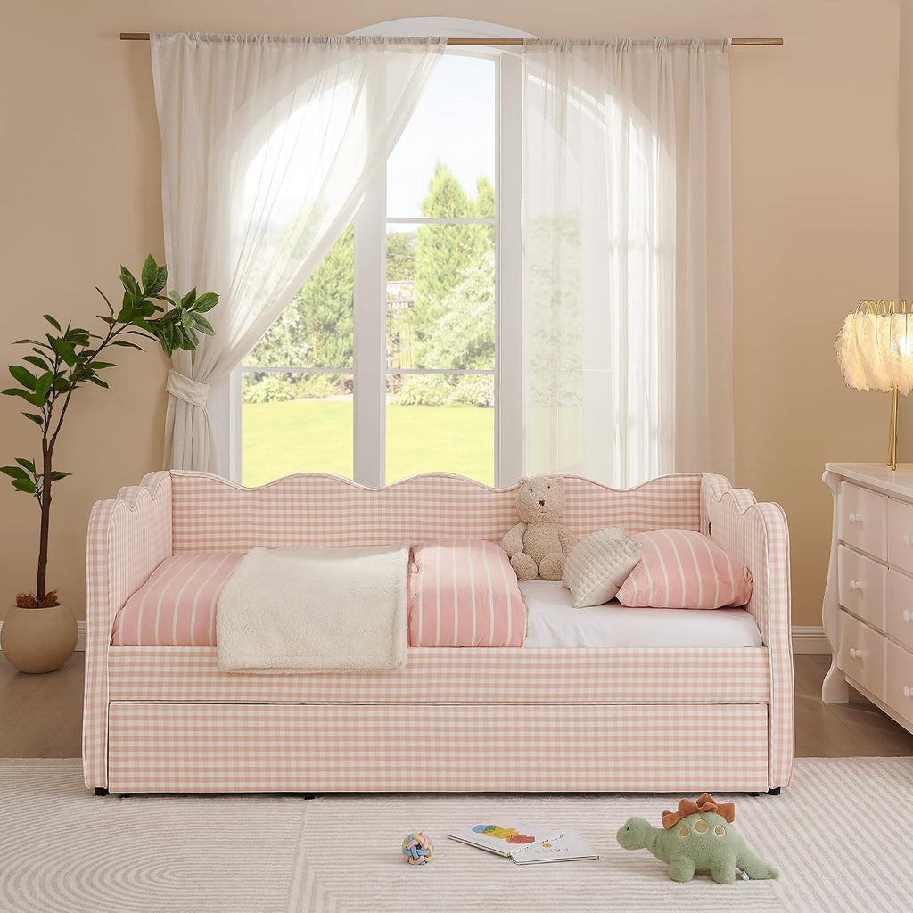 DEINPPA Twin Size Upholstered Daybed with Trundle, Gingham Daybed with USB Ports for Bedroom Living Room Guest Room-Pink
