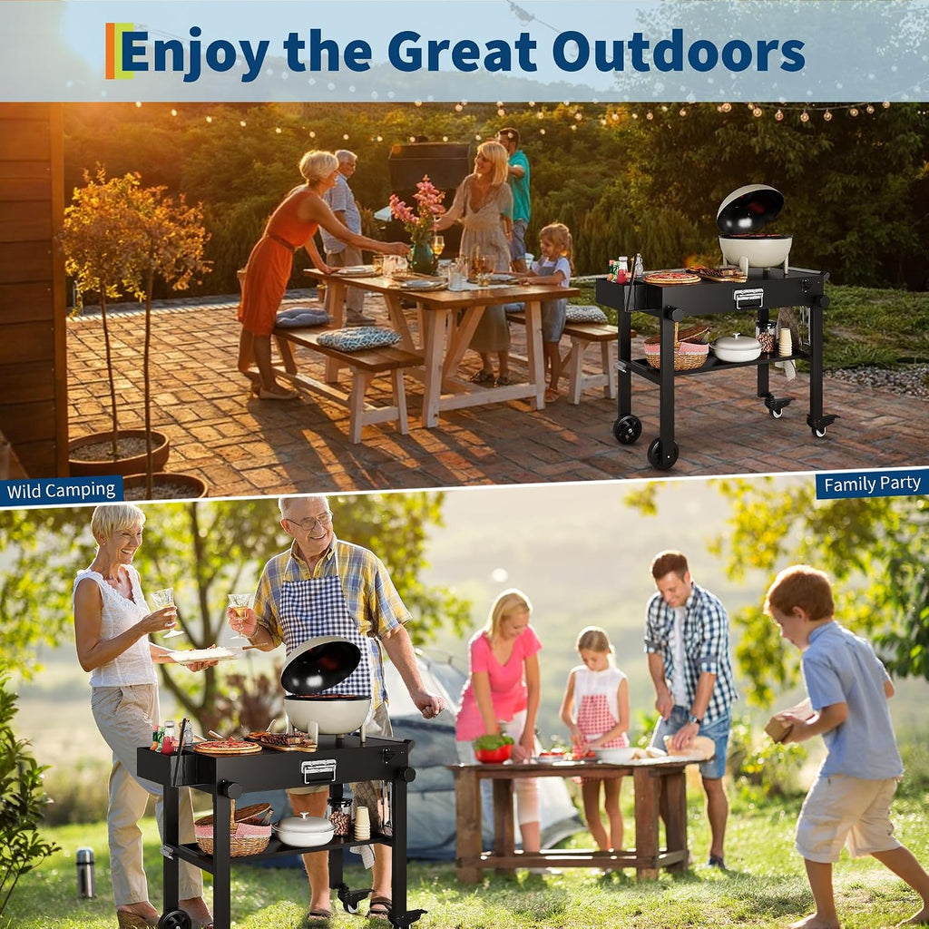 Dining Cart Table with Double-Shelf, Movable Pizza Oven Table Cart for Outside Patio, Stainless Steel Locking Wheels, Side Handle, Multifunctional, Kitchen Cooking Food Prep Table for Party, Black
