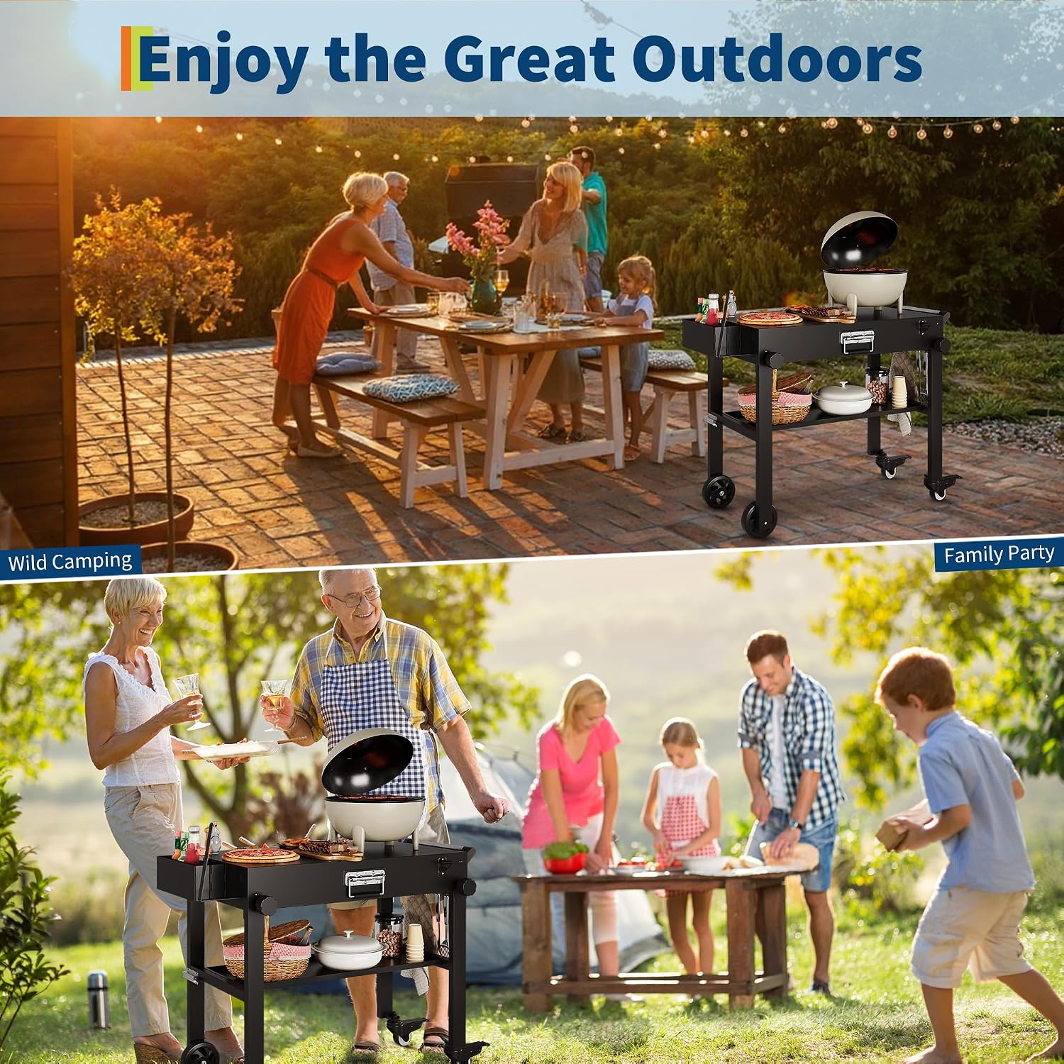 Dining Cart Table with Double-Shelf, Movable Pizza Oven Table Cart for Outside Patio, Stainless Steel Locking Wheels, Side Handle, Multifunctional, Kitchen Cooking Food Prep Table for Party, Black
