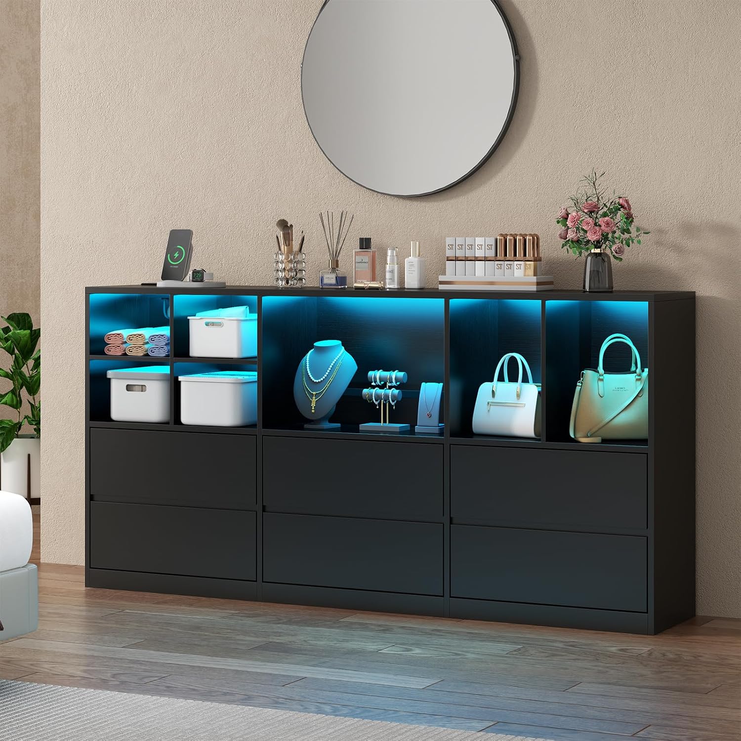Gyfimoie Black Dresser for Bedroom with 6 Drawers, Chest of Drawers with Led Lights&Charging Station, 63' Long Dresser with 7 Open Cubbies, Storage Drawers for Living Room, Closet, Hallway (Black)