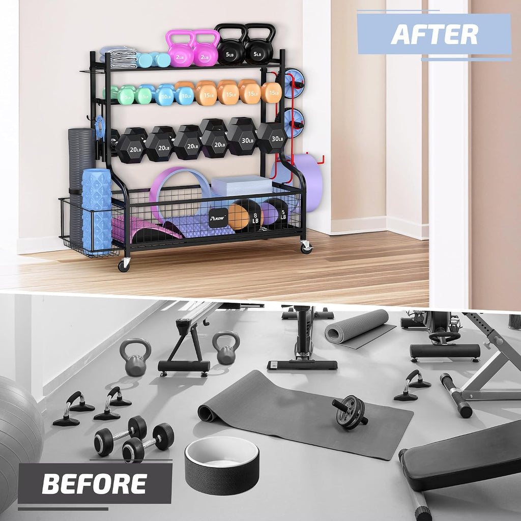 PLKOW Dumbbell Rack, Weight Rack for Dumbbells, Home Gym Storage for Dumbbells Kettlebells Yoga Mat and Balls, All in One Workout Storage with Wheels and Hooks, Powder Coated Finish Steel