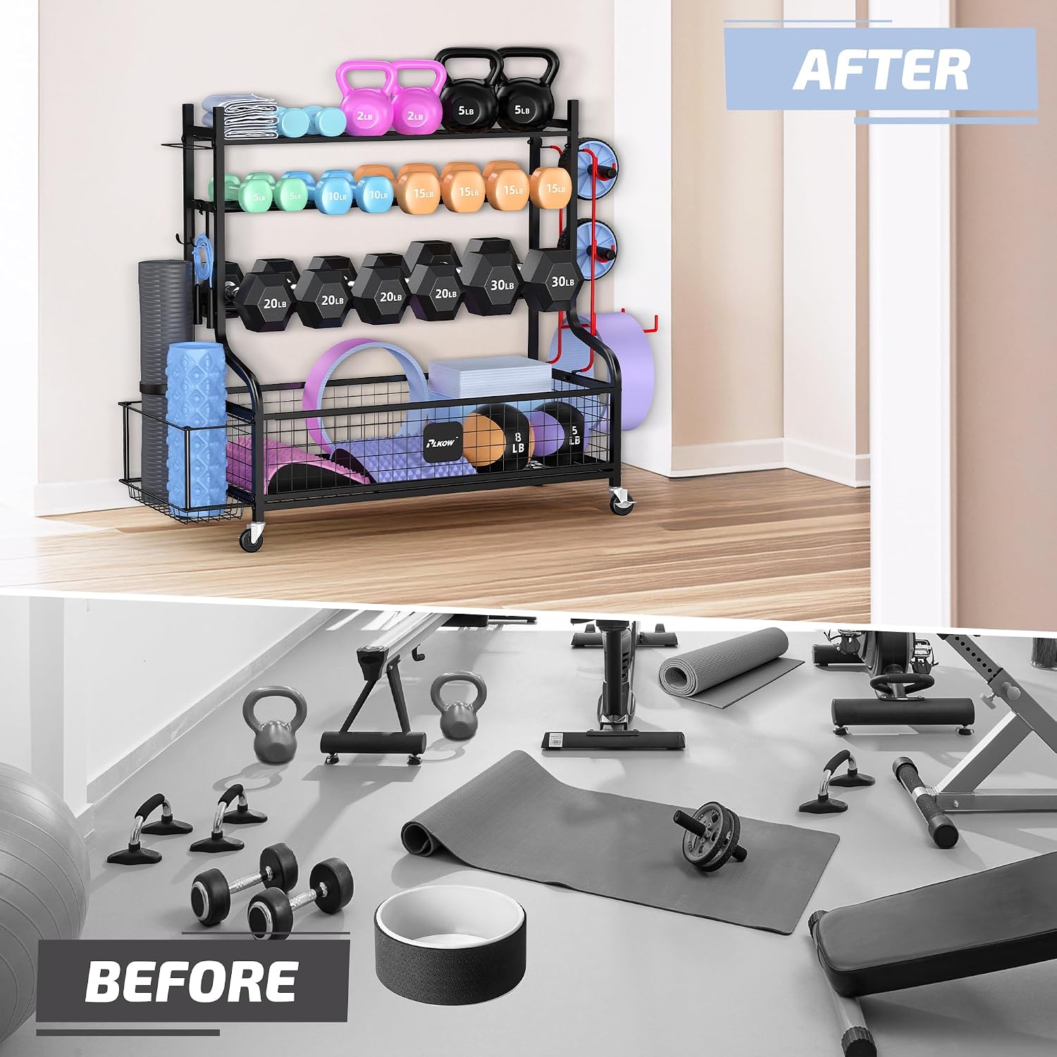 PLKOW Dumbbell Rack, Weight Rack for Dumbbells, Home Gym Storage for Dumbbells Kettlebells Yoga Mat and Balls, All in One Workout Storage with Wheels and Hooks, Powder Coated Finish Steel