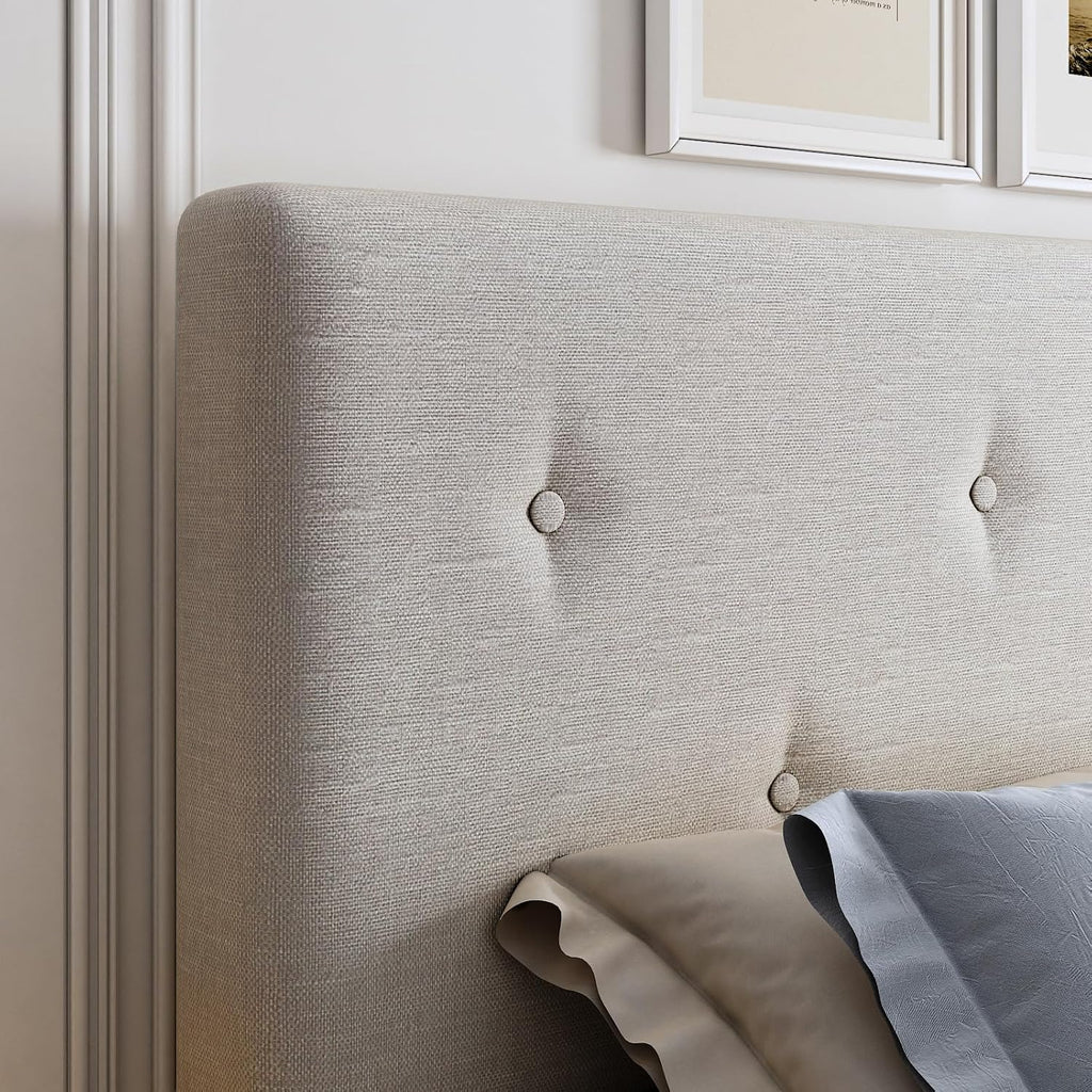 Full Size Linen Bed Frame, Upholstered Platform Bed Frame with Adjustable Headboard, Wooden Slats Support, No Box Spring Needed, Easy Assembly, Beige