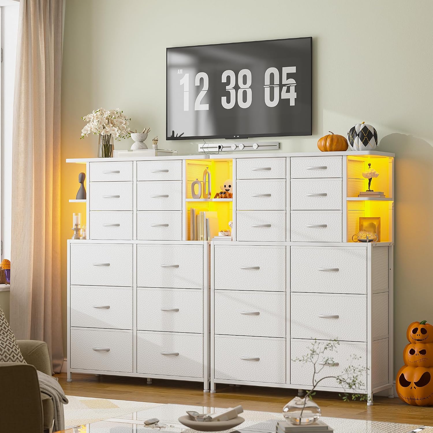 White Dresser for Bedroom with 12 Drawers & LED Lights,4 Open Storage Shelves, Fabric Dressers & Chests of Drawers for Living Room, Entryway, Dorm, Metal Frame, Wood Top,45.2' H x 35.4' W x 11.8' D