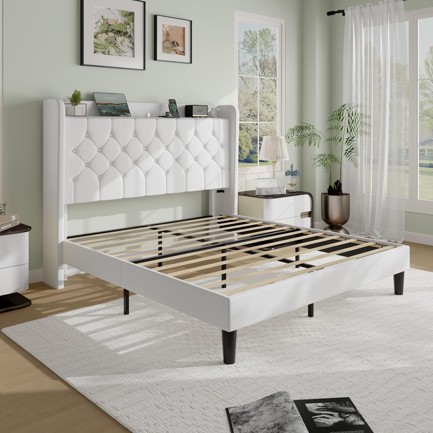 SHA CERLIN Queen Size Platform Bed Frame with Charging Station, Velvet Wingback Headboard with Storage Shelf, Wooden Slats Support, Ample Under-Bed Space, No Box Spring Needed, Easy Assembly, White