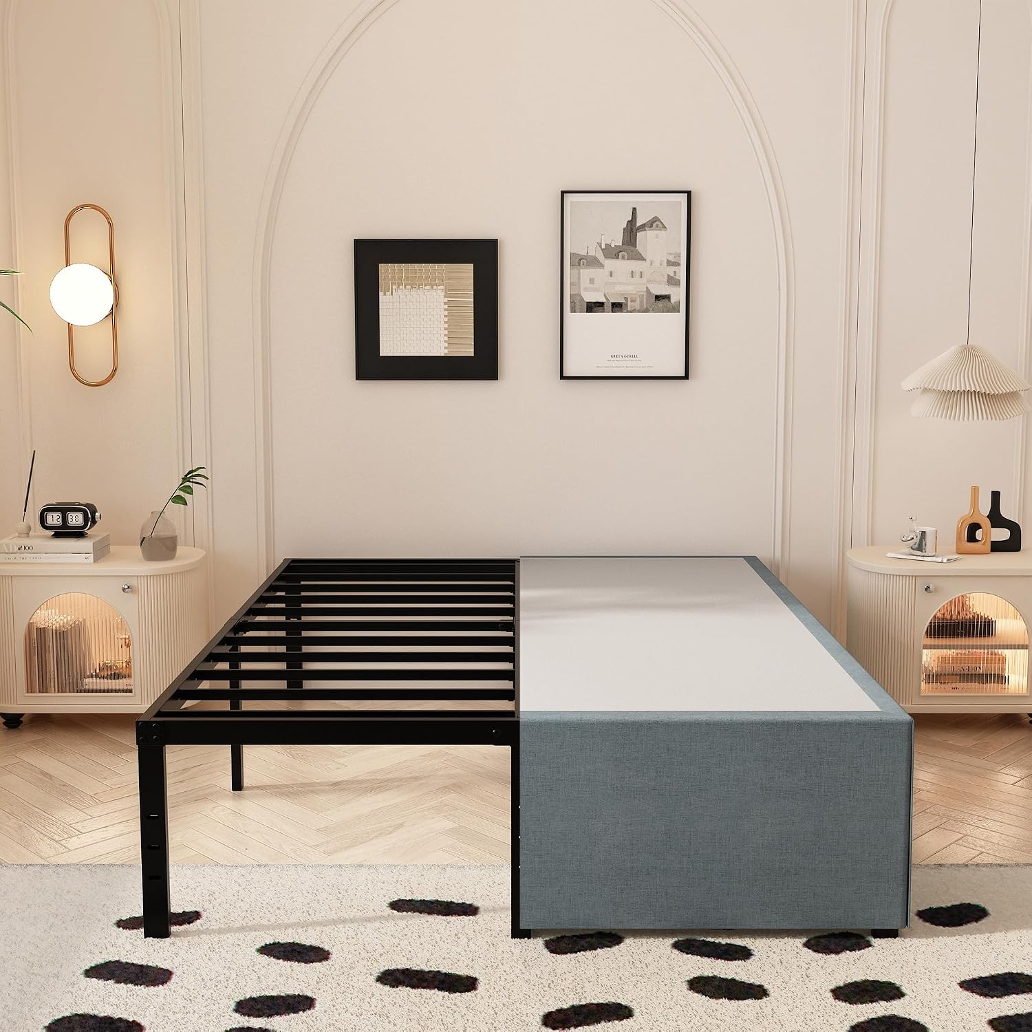 Maenizi 18 Inch King Bed Frame with Fabric Cover, Heavy Duty King Platform Bed Frame Support Up to 3000 lbs, Easy Assembly, Noise Free, Black