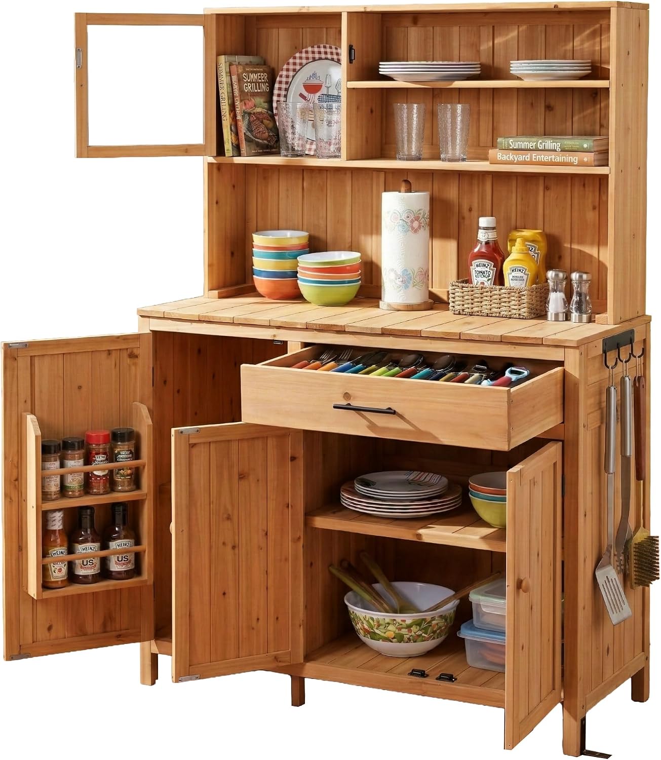 Outdoor Potting Bench Table with Hutch,65' H Solid Fir Wood Garden Workstation, Patio Storage Workstation with Adjustable Shelves, Spice Rack, Side Hook and Drawer, for Mudroom, Doorway (Natural)