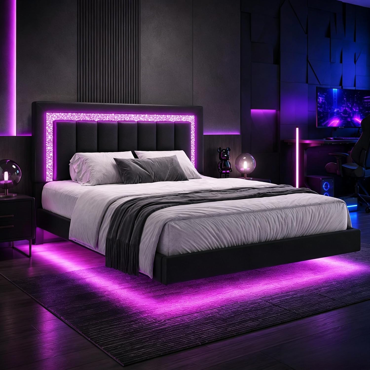 HOMBCK Floating Bed Frame Full with Smart LED Lights, Faux Leather Upholstered Bed Frame Full with Diamond Headboard, No Box Spring Needed, Noise Free, Easy Assembly, Black