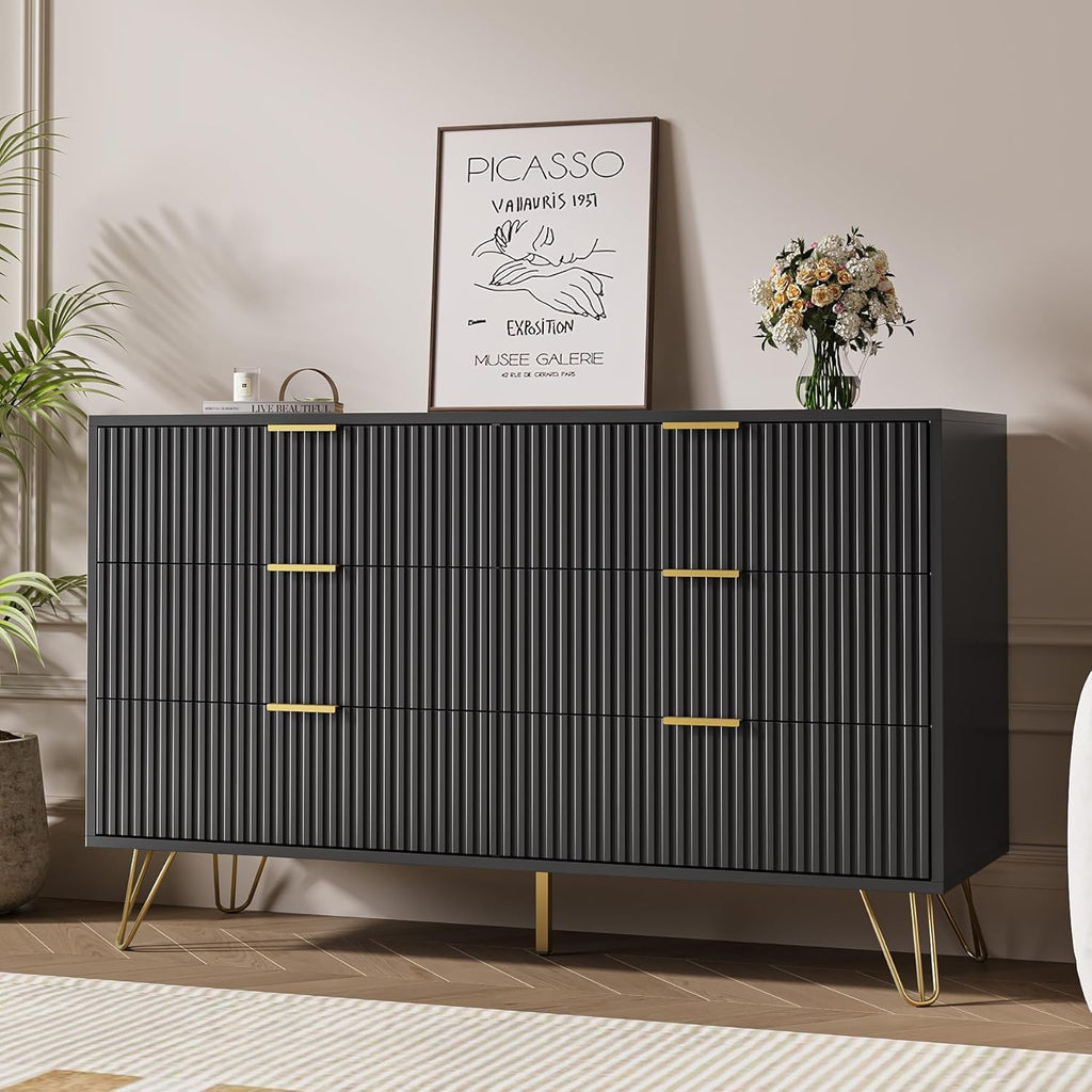 MAISONARIA Black Dresser for Bedroom, Modern Dresser with Gold Metal Handles & Chests of Drawers, Wood Chest of Drawers for Bedroom