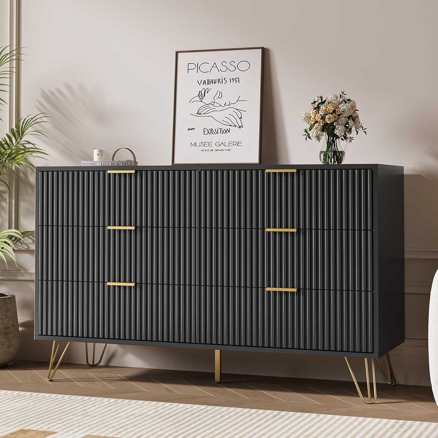 MAISONARIA Black Dresser for Bedroom, Modern Dresser with Gold Metal Handles & Chests of Drawers, Wood Chest of Drawers for Bedroom