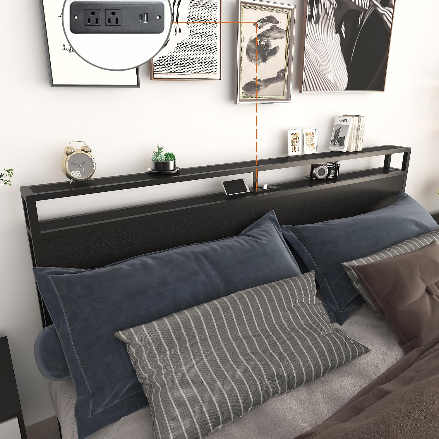 Bellemave King Size Bed Frame with 4 Storage Drawers and Charging, King Size Bed Frame with Headboard and Charging Station and with Led Lightstation, No Box Spring Needed, (King, Black)