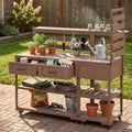 62.3'' Patio Kitchen Island Cart with Stainless Table Top,Solid Wood Garden Potting Bench with Raised Shelf and Drawers, Grill Prep Table for BBQ, Party (Brown-E)