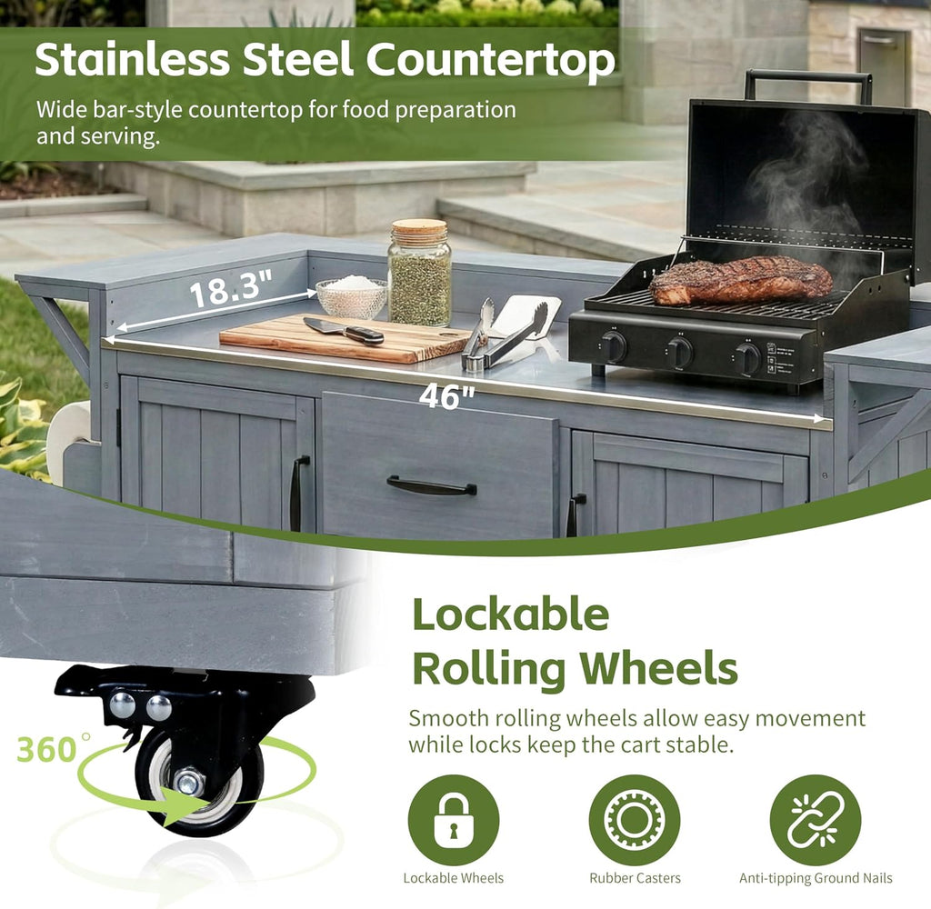 Modern 60.2''W Outdoor Kitchen Island with Wheels,Rolling Patio BBQ Cart with Stainless Steel Top,Wood Grill Cart with Spice Rack&Wine Rack,2 Drawers (Gray-T)
