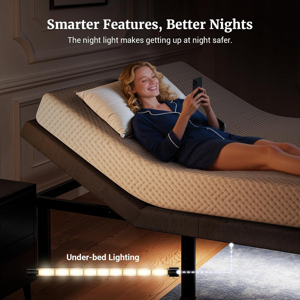 Tami Tami T450 Adjustable Bed Frame Queen with Remote, Ergonomic Adjustable Base with Head & Foot Incline, Zero Gravity, Nightlight, Quiet Motor, and 3 Height-Adjustable Legs, Easy Assembly