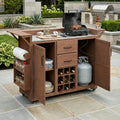 Modern 60.2''W Outdoor Kitchen Island with Wheels,Rolling Patio BBQ Cart with Stainless Steel Top,Wood Grill Cart with Spice Rack&Wine Rack,2 Drawers (Brown-T)