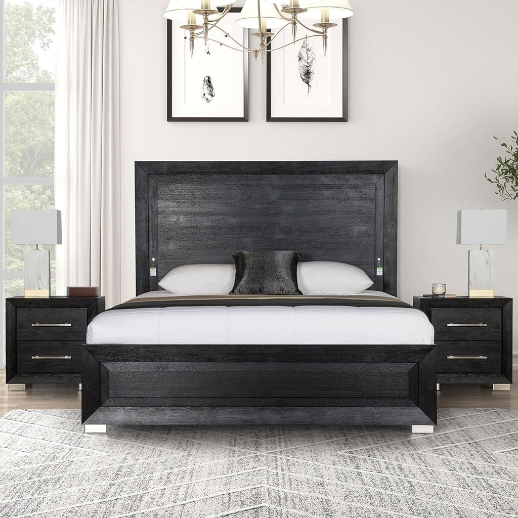 Furniture of America Lyle Modern Solid Wood 3-Piece Bedroom Collection with Queen Bed Frame and Nightstand Set of 2, Includes LED Light Headboard, Box Spring Required, Black
