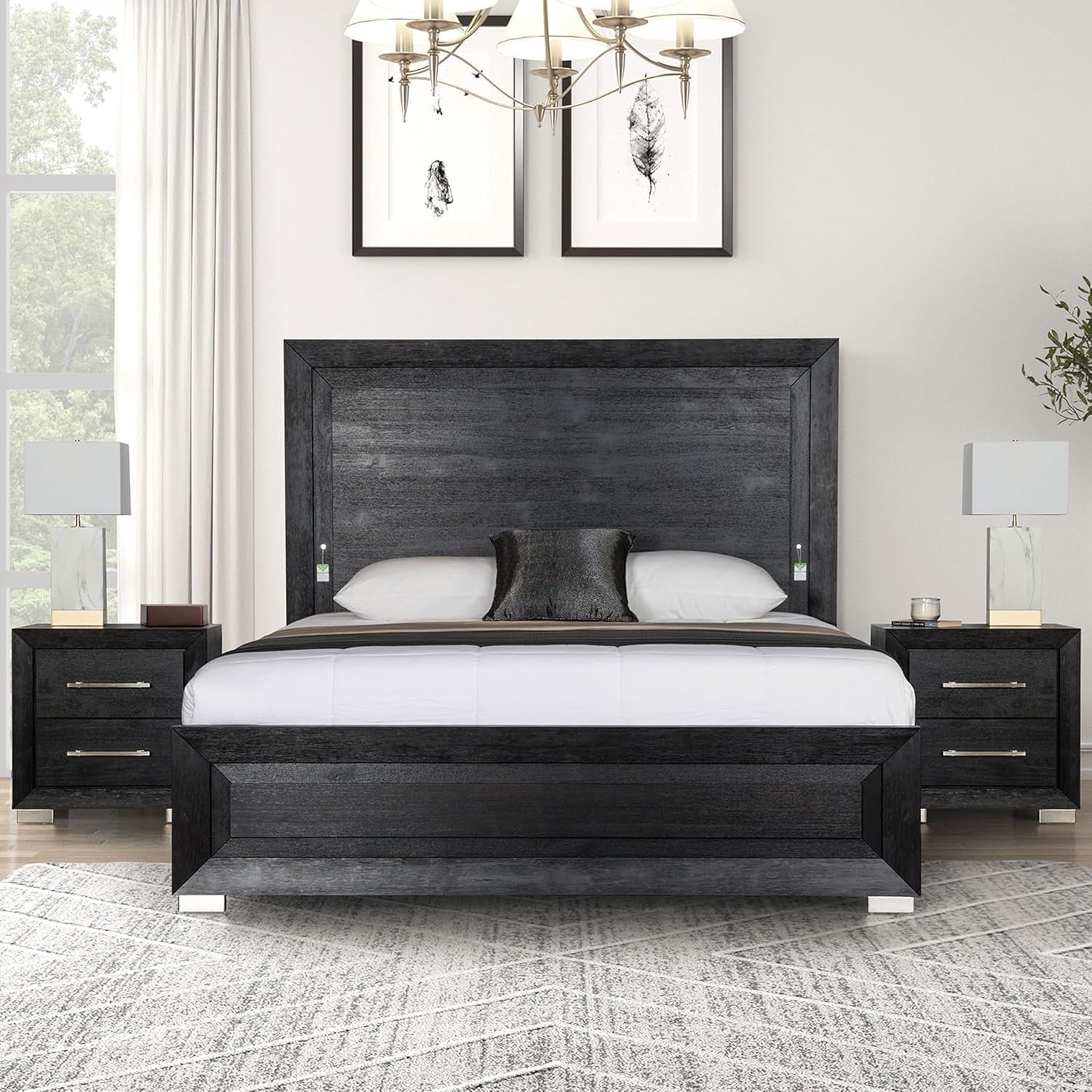 Furniture of America Lyle Modern Solid Wood 3-Piece Bedroom Collection with Queen Bed Frame and Nightstand Set of 2, Includes LED Light Headboard, Box Spring Required, Black