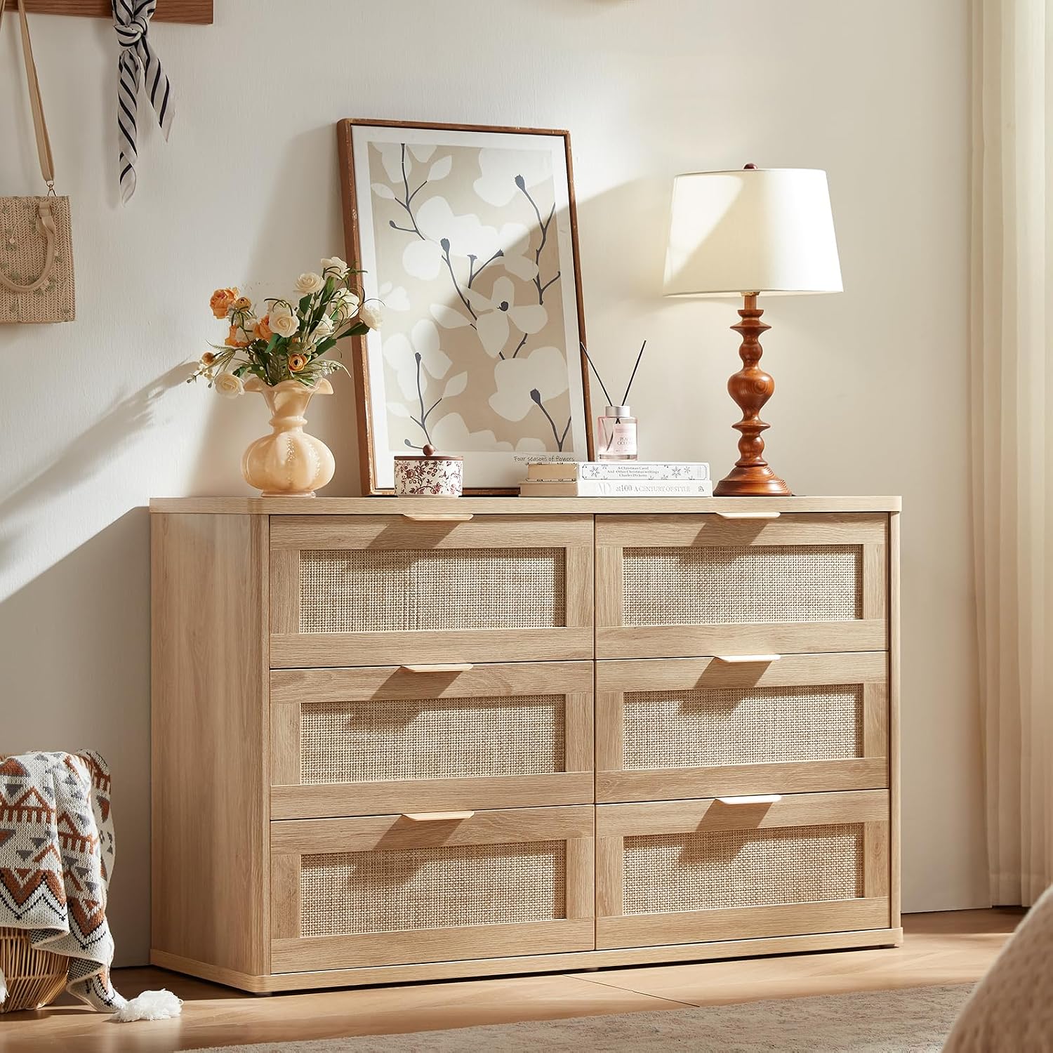 LEYAOYAO Rattan Dresser and Nightstand Sets 3 Piece, Boho Wood Dresser for Bedroom with 6 Drawers and Night Stand with Charging Station, Bedroom Furniture, Dressers & Chests of Drawers, Living Room