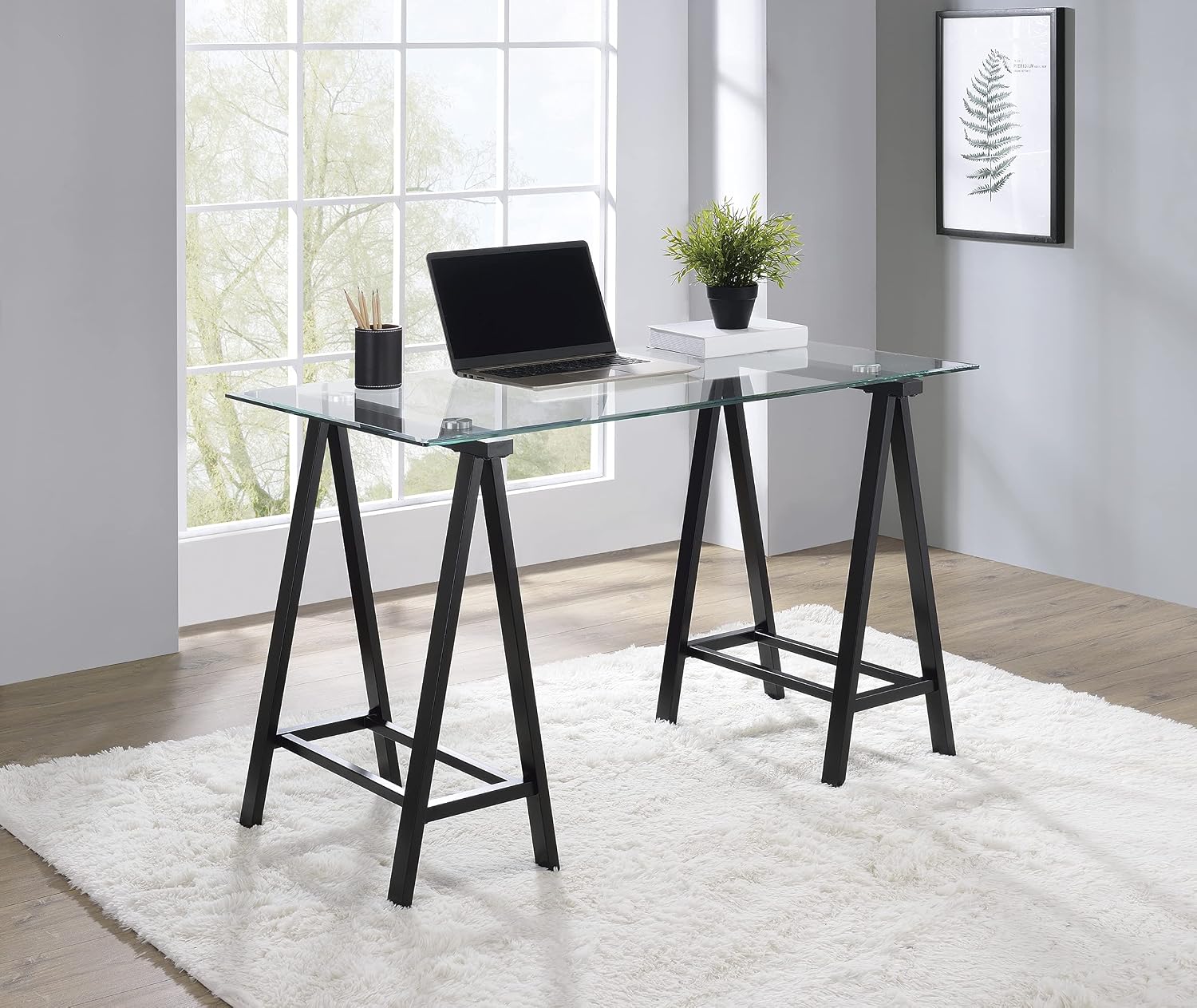OSP Home Furnishings Middleton 47 Inch Desk with Clear Beveled Glass Top, Black Base