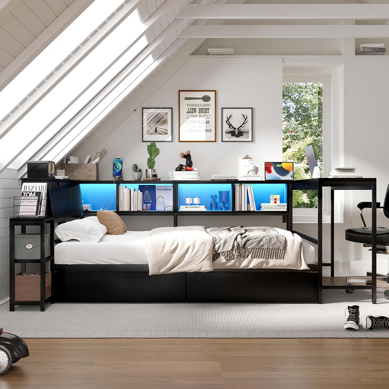 Bellemave Full Corner Bed Frame with Desk and Storage, Full Size Captains Bed with Charging Station and LED Light, Wood Daybeds with L-Shaped Bookcase and 2 Drawers, Black