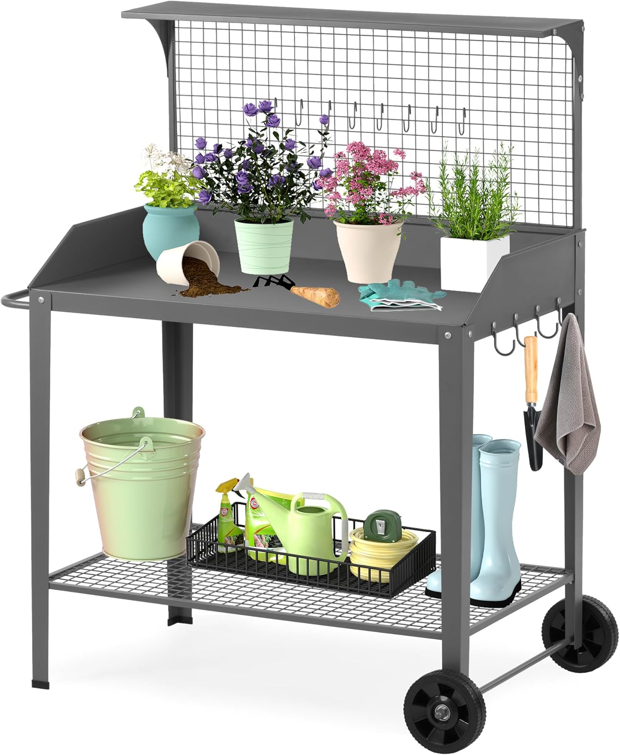 DDK Outdoor Metal Potting Bench with Wheels & Hooks, Wire Rack, Dark Gray | Rustproof Metal, Raised-Edge Worktop, Trellis Top Shelf, 4 Side Hooks, Wire Bottom Shelf