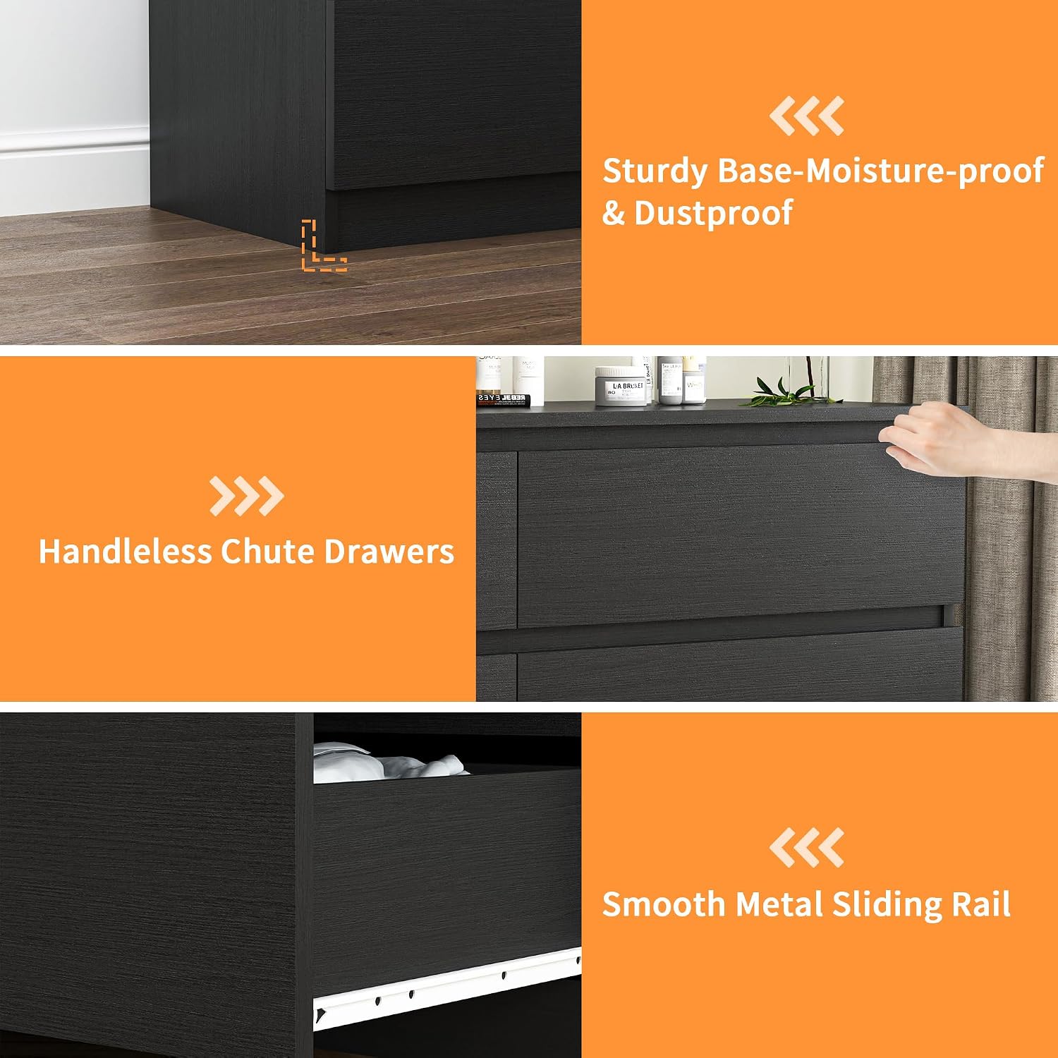 Vibe & Dine Double Dresser 6 Drawer, Modern Chest of Drawers with Wide Storage for Closet, Bedroom, Living Room, Black
