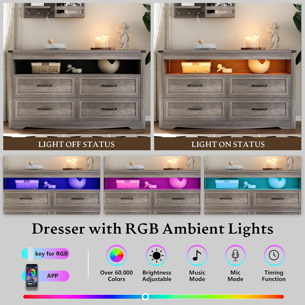 Dresser for Bedroom with 4 Drawers, Farmhouse Chest of Drawers with Natural Texture and LED Lights, Wide Wood Rustic Closet Storage Organizer, Modern Dresser TV Stand for Living Room, Entryway, Grey