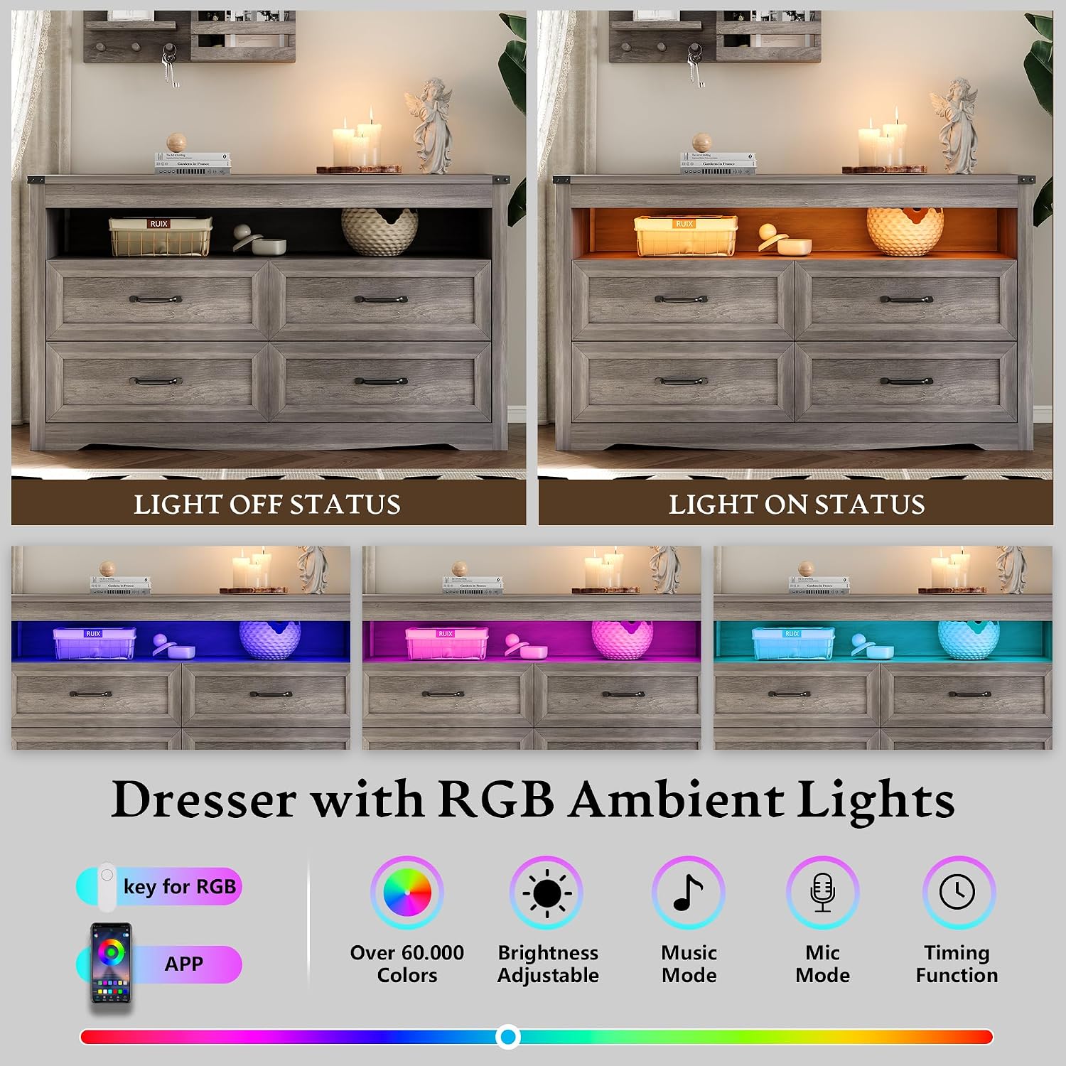 Dresser for Bedroom with 4 Drawers, Farmhouse Chest of Drawers with Natural Texture and LED Lights, Wide Wood Rustic Closet Storage Organizer, Modern Dresser TV Stand for Living Room, Entryway, Grey