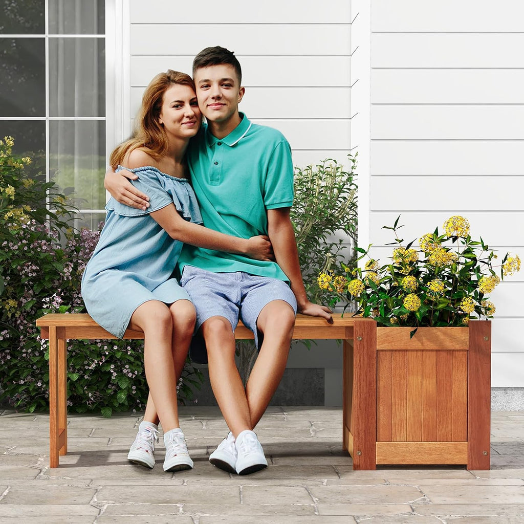 2 Benches with Planter Boxes, 2 in 1 Wooden Flower Box Kit with Seat, Open-Ended Base & Slotted Construction, Outdoor Plant Container for Garden, Yard, Balcony (Natural)