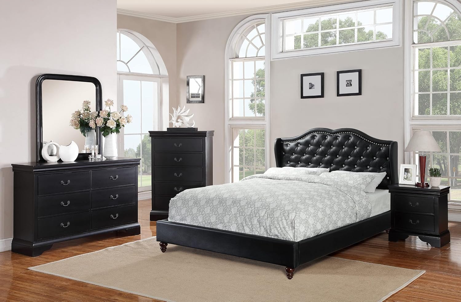1pc King Size Bed Set Curved Headboard Button Tufted Upholstered Bedroom Furniture Black