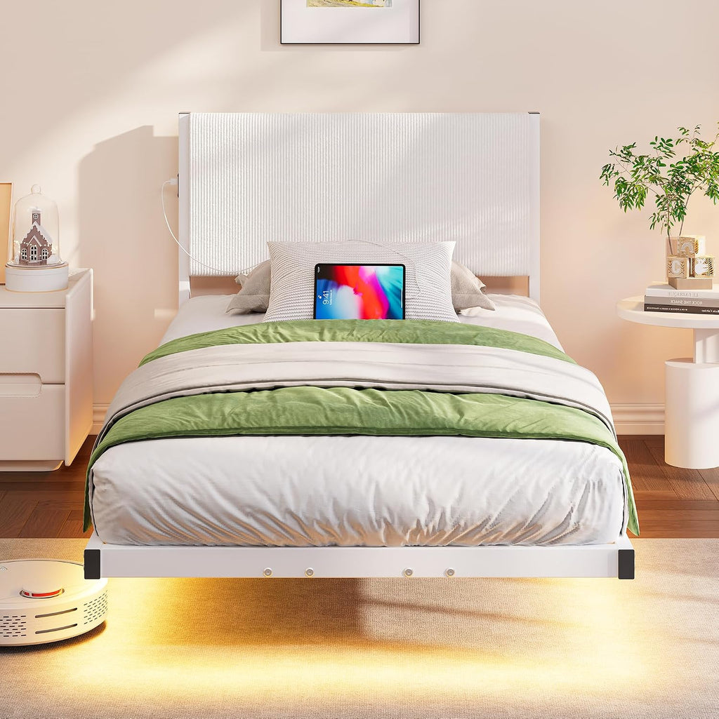 Twin Floating Bed Frame with Headboard,Twin Size Floating Bed Frame with LED Lights & USB Charging Station,Metal Platform Bed with Strong Slats Support,No Box Spring Needed,Easy Assembly,White