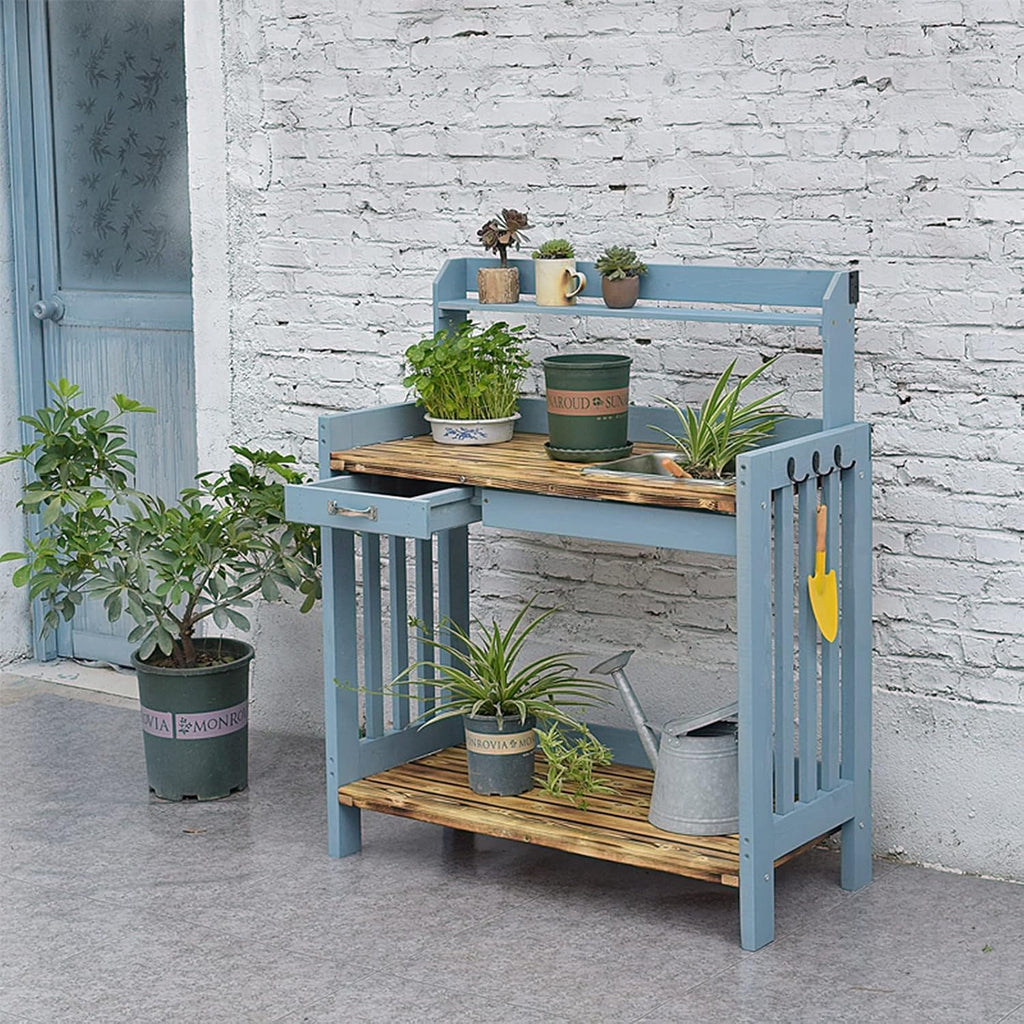 Garden Potting Bench Table, Country Outdoor Planting Bench with 3 Side Hooks and Sliding Drawer, Removable Sink, Solid Pine Wood