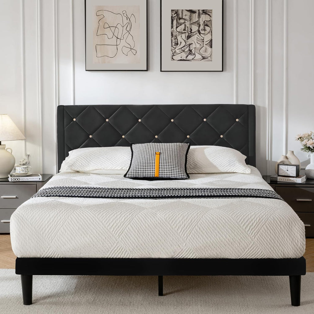Full Size Platform Bed Frame with Velvet Headboard, Sturdy Wooden Slats Support, Mattress Foundation, No Box Spring Required, Non-Slip and Noise-Free, Easy Assembly, Black