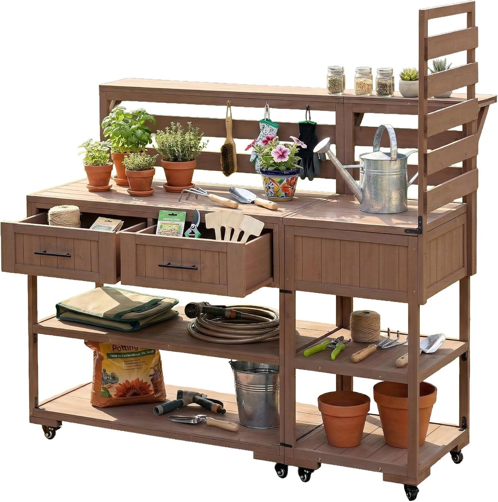 Roomfitters Garden Potting Bench with Wheels, Extra Wide Outdoor Potting Table and BBQ Prep Station, Storage Shelves, Brown