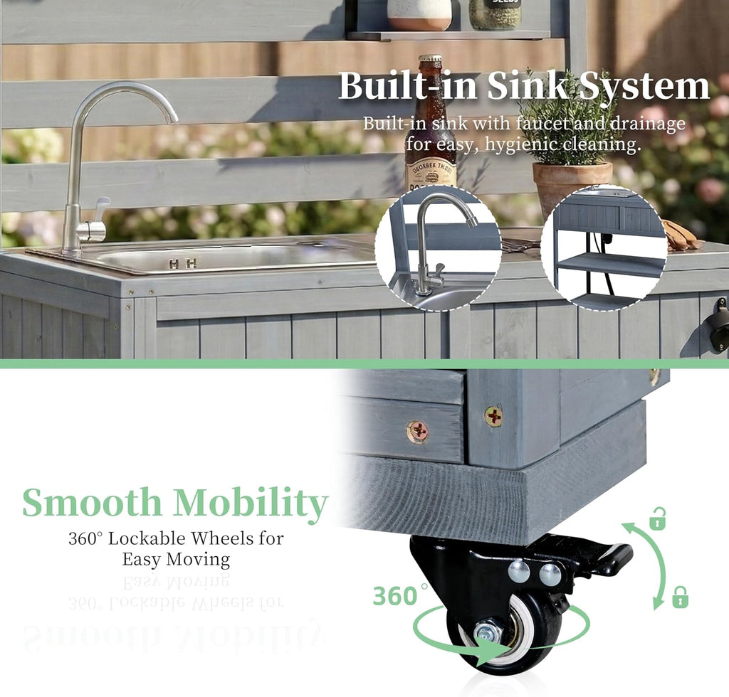 Polibi 41.7' Outdoor Kitchen Island with Sink, Solid Wood Rolling Patio Cart with Stainless Steel Top, Movable Shelves and 1 Bottle Opener,BBQ Station Garden Potting Bench, Gray