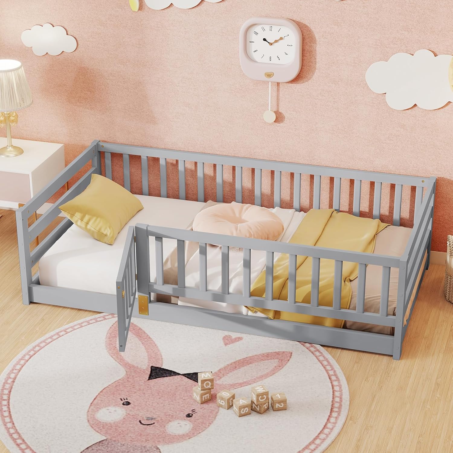KOMFOTT Twin Size Wood Floor Bed with Door & 21.5' Fence, Montessori Bed Frame with Full Length Safety Guardrails, Door & Latch, Wooden Montessori Floor Bed for Kids, Girls, Boys