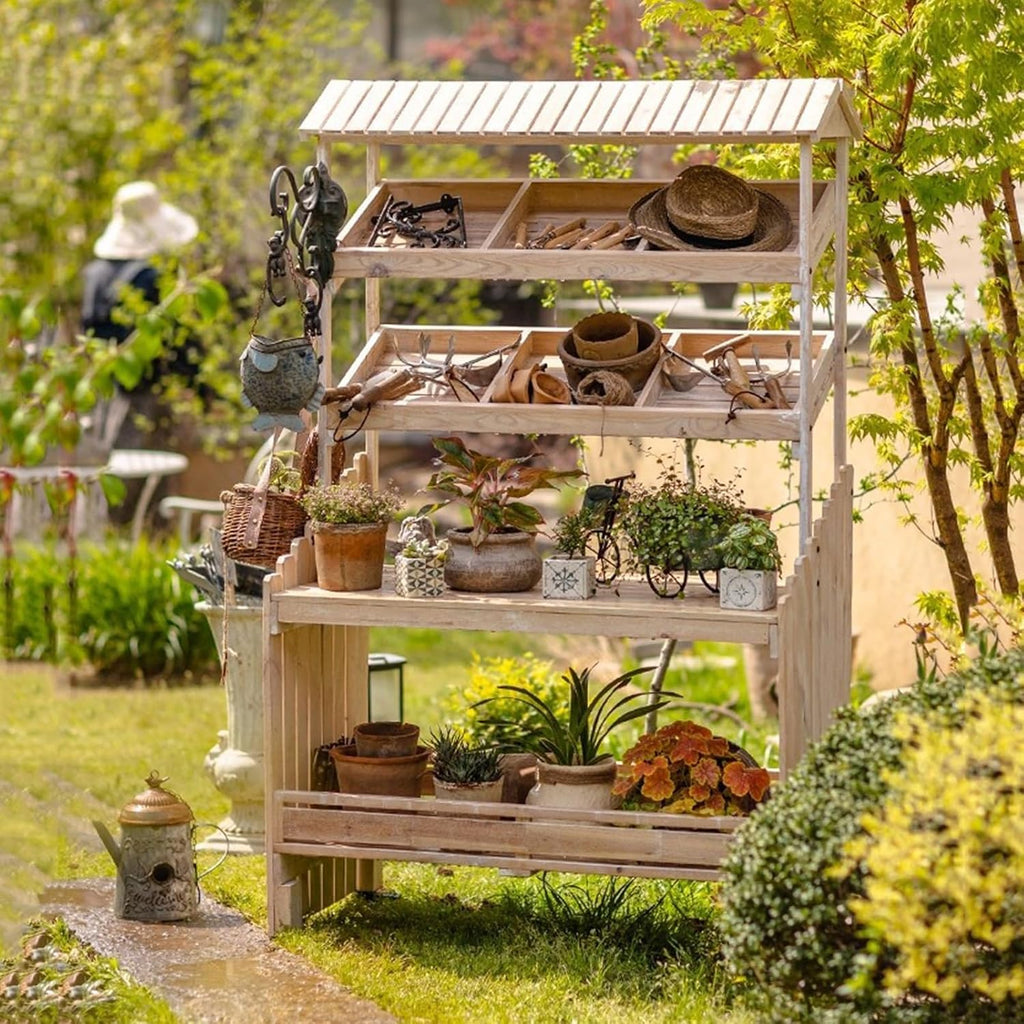Potting Bench Table with Wheels, Wooden Garden Potting Table Work Table Workstation with 2 Tier Display Rack/Storage Shelf