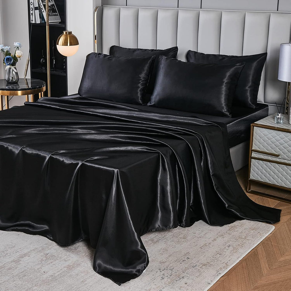 Herside Black Satin Comforter Set 7 Pieces King Size Bed in a Bag Luxurious Satin Bedding Set with Comforter Pillowcases and Sheets Sets Mini Pompoms Design Super Soft Silky Bed Set for All Seasons